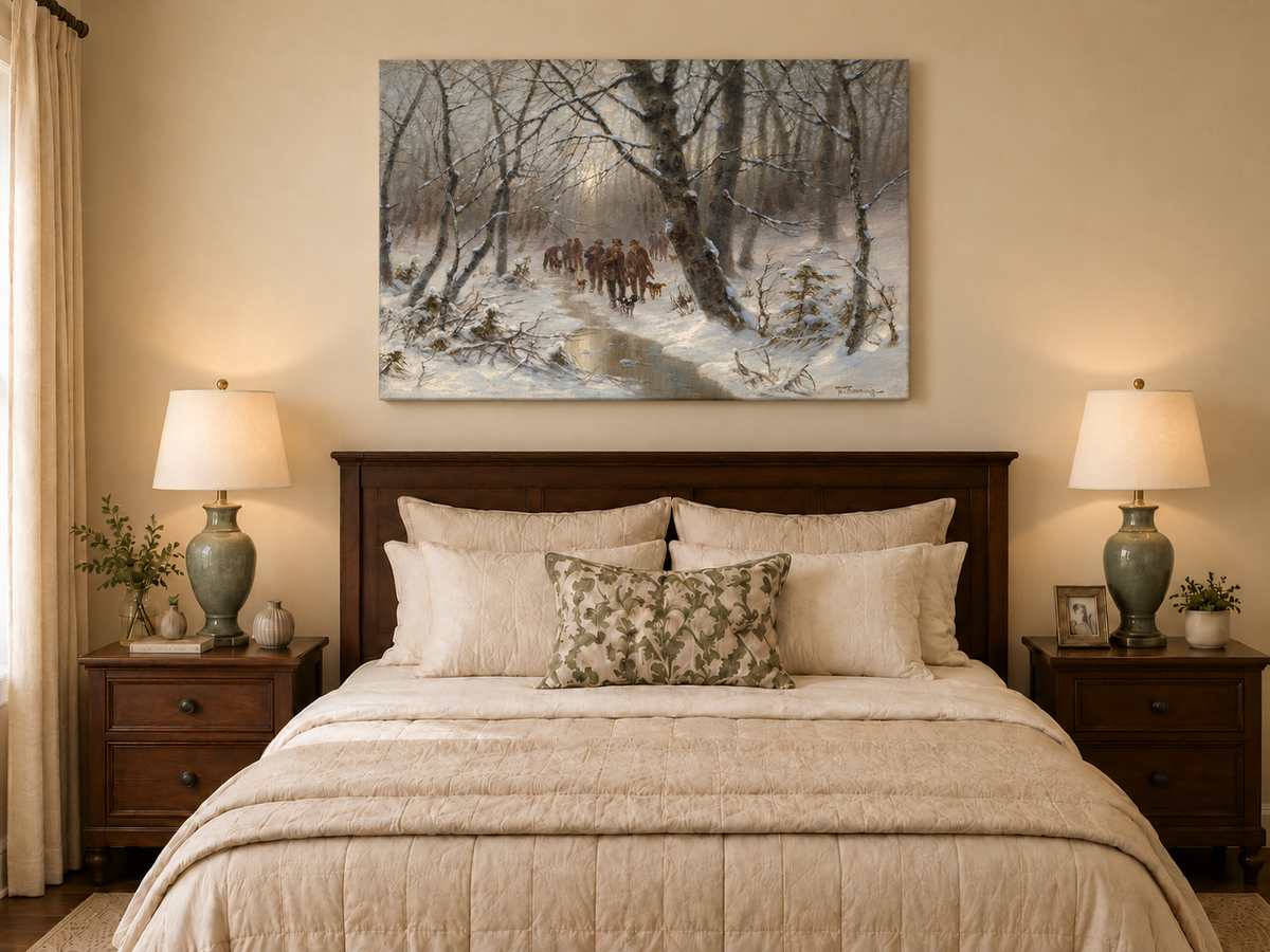 Peinture à l'huile de paysage - Chasse en forêt hivernale