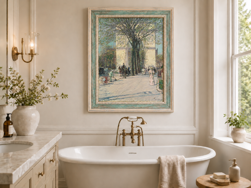 Peinture à l'huile de paysage - Rivière printanière avec pêcheur et arbres