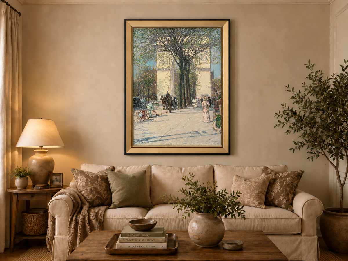 Peinture à l'huile de paysage - Rivière printanière avec pêcheur et arbres
