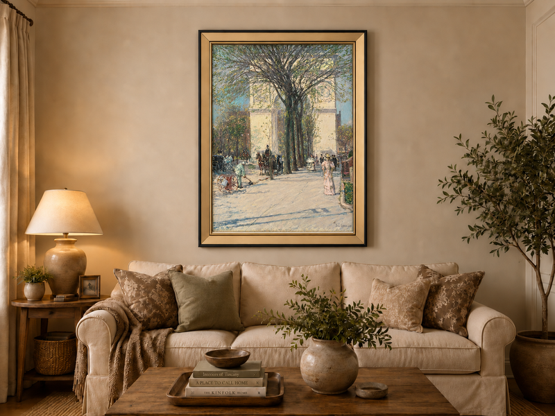 Peinture à l'huile de paysage - Rivière printanière avec pêcheur et arbres