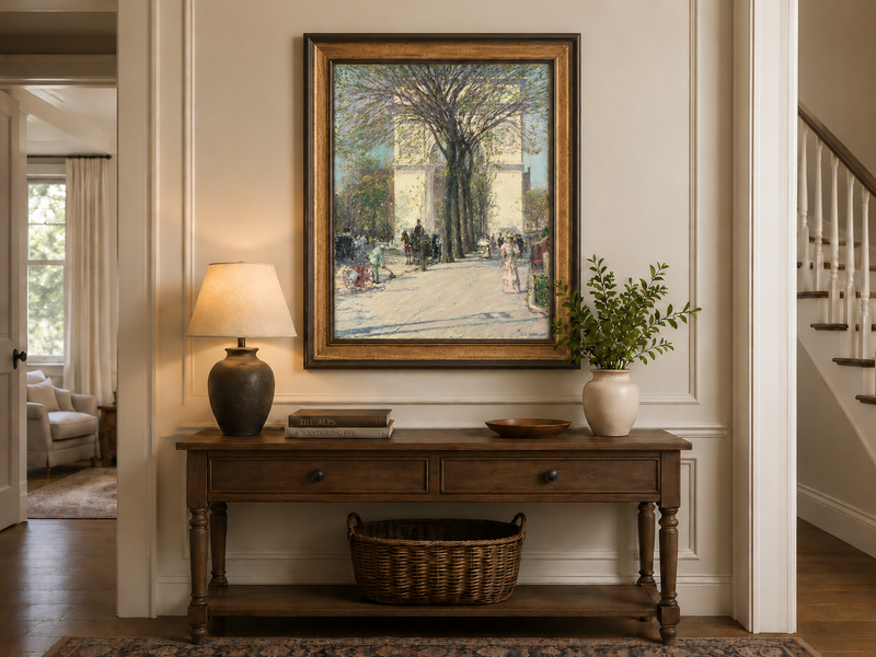 Peinture à l'huile de paysage - Rivière printanière avec pêcheur et arbres