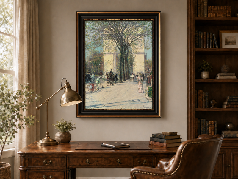Peinture à l'huile de paysage - Rivière printanière avec pêcheur et arbres