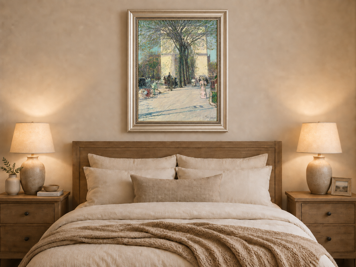 Peinture à l'huile de paysage - Rivière printanière avec pêcheur et arbres
