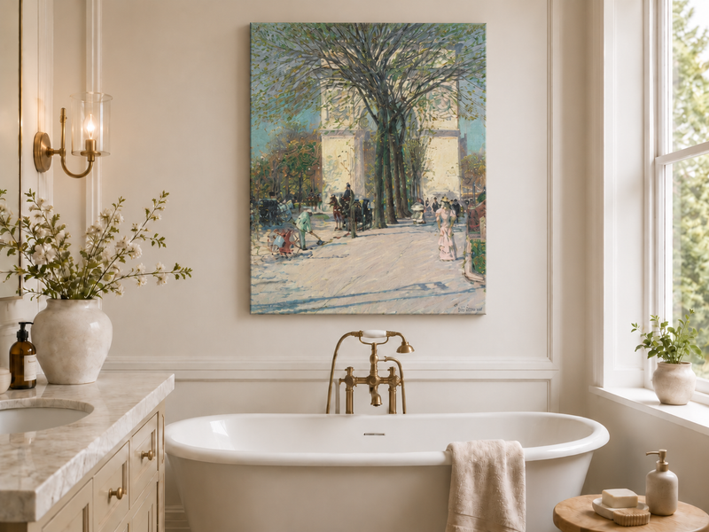 Peinture à l'huile de paysage - Rivière printanière avec pêcheur et arbres