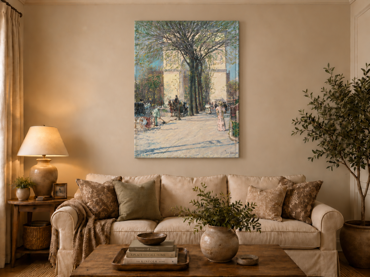 Peinture à l'huile de paysage - Rivière printanière avec pêcheur et arbres