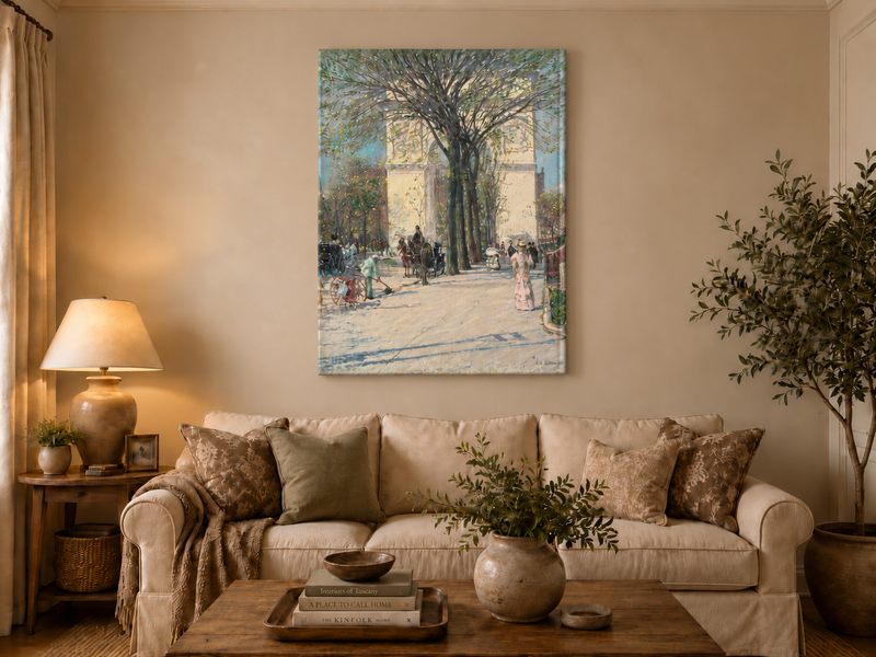Peinture à l'huile de paysage - Rivière printanière avec pêcheur et arbres