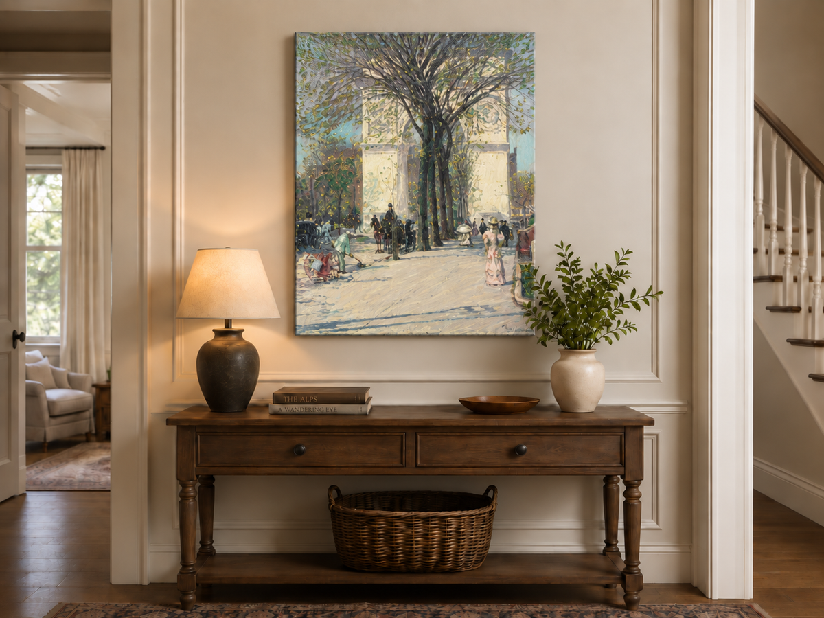 Peinture à l'huile de paysage - Rivière printanière avec pêcheur et arbres