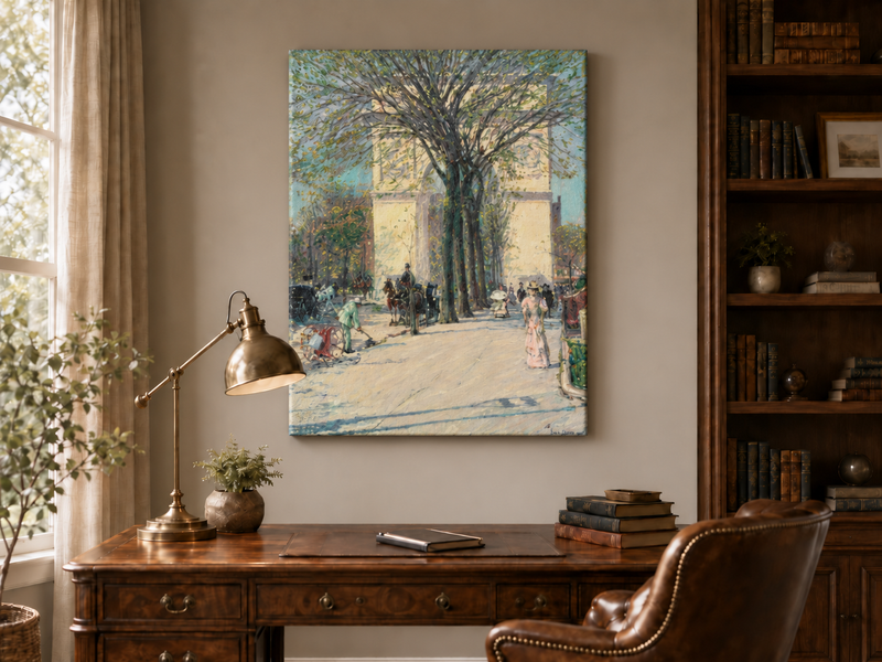 Peinture à l'huile de paysage - Rivière printanière avec pêcheur et arbres