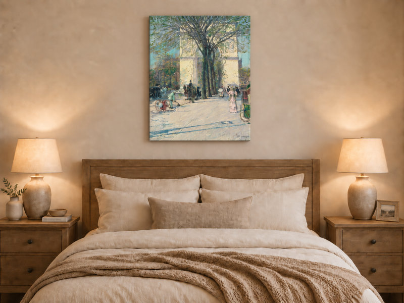 Peinture à l'huile de paysage - Rivière printanière avec pêcheur et arbres