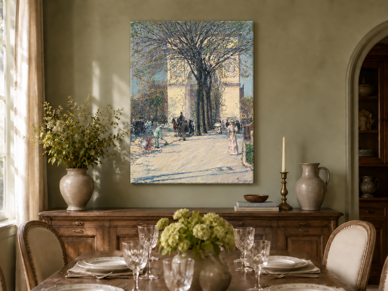 Peinture à l'huile de paysage - Rivière printanière avec pêcheur et arbres
