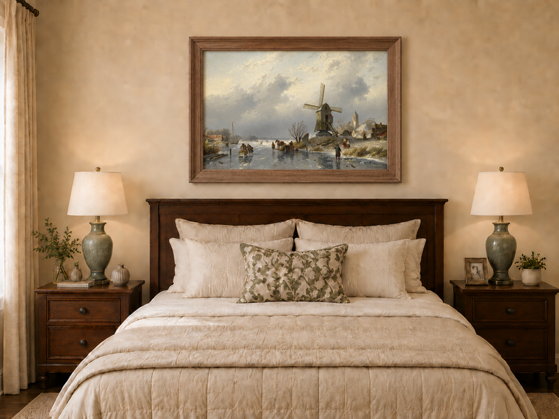 Ölgemälde Landschaft - Wintermühle an einem gefrorenen Kanal