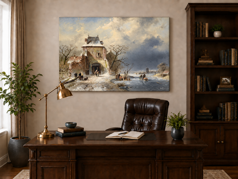 Ölgemälde Landschaft - Winterdorf Turm