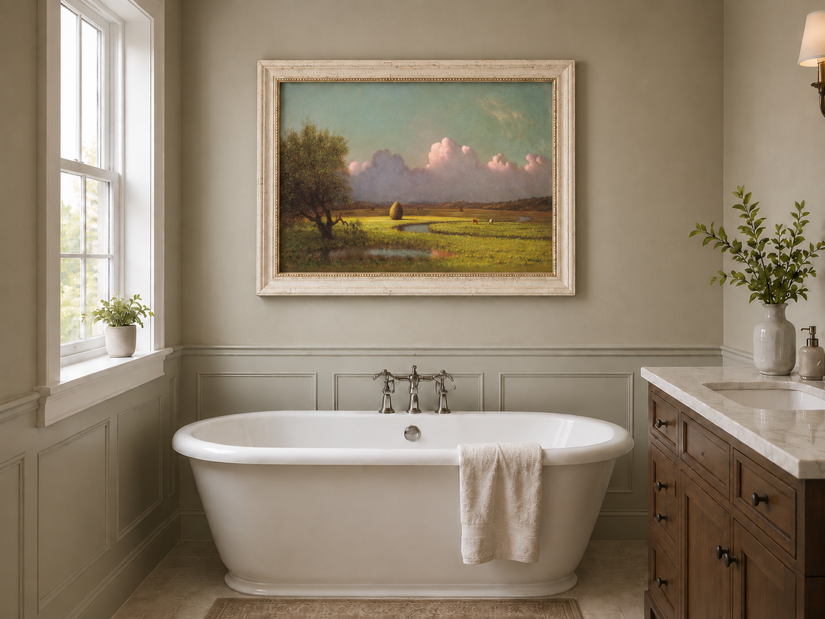 Landscape Oil Painting - Pastoral Field with Haystack and Sky