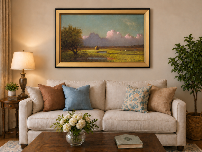 Landscape Oil Painting - Pastoral Field with Haystack and Sky