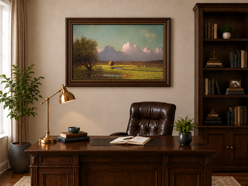 Landscape Oil Painting - Pastoral Field with Haystack and Sky