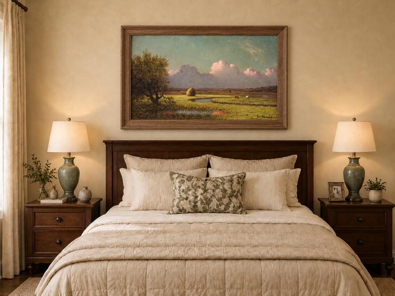 Landscape Oil Painting - Pastoral Field with Haystack and Sky