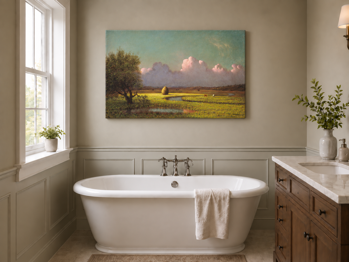 Landscape Oil Painting - Pastoral Field with Haystack and Sky