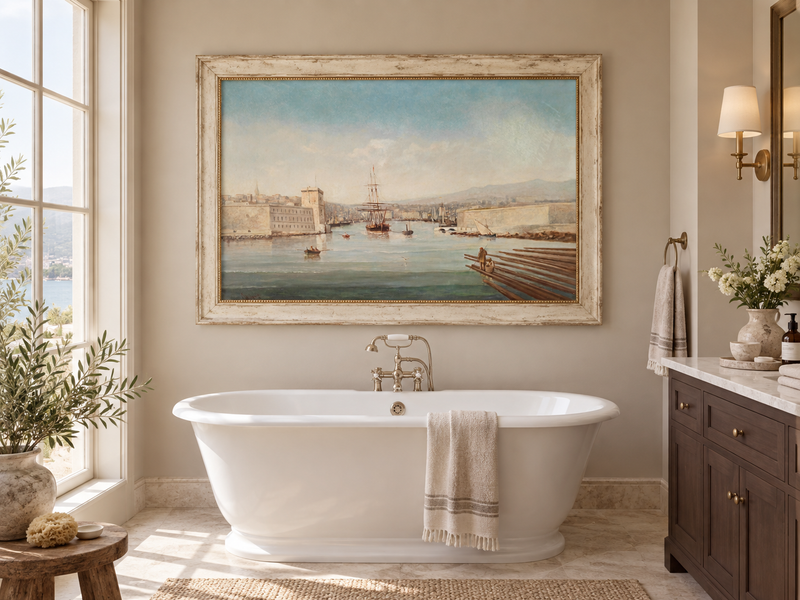 Landscape Oil Painting - Historic Harbor Sailing Ships at Dawn