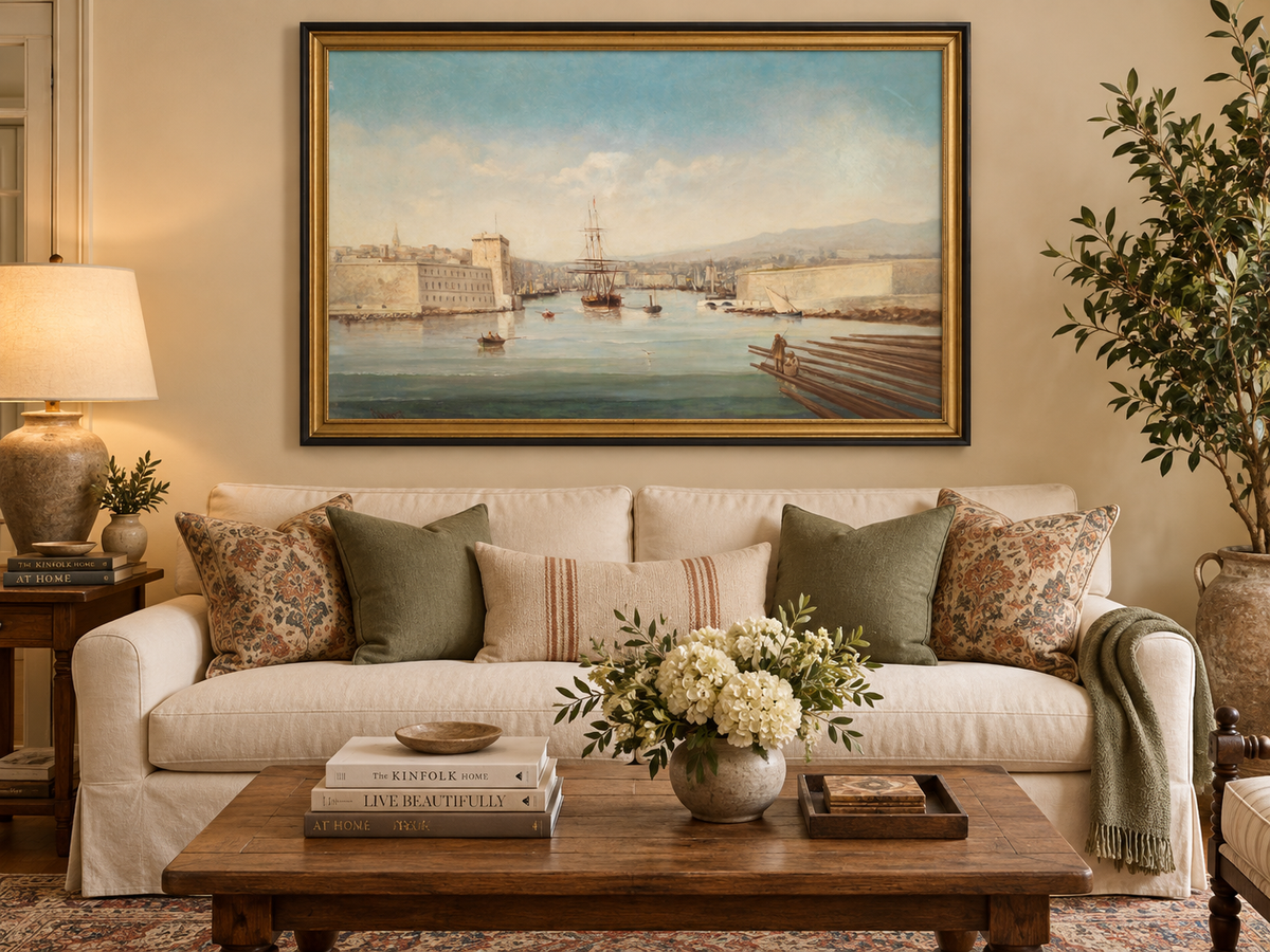 Landscape Oil Painting - Historic Harbor Sailing Ships at Dawn