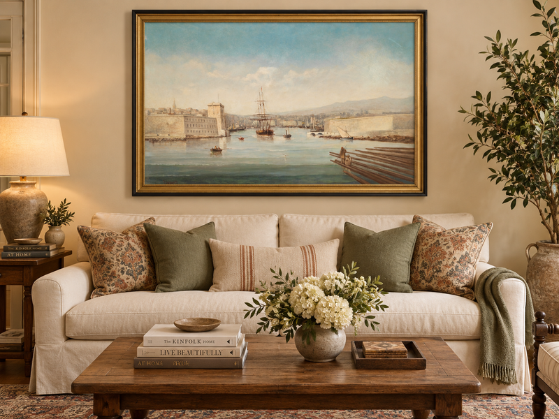 Landscape Oil Painting - Historic Harbor Sailing Ships at Dawn