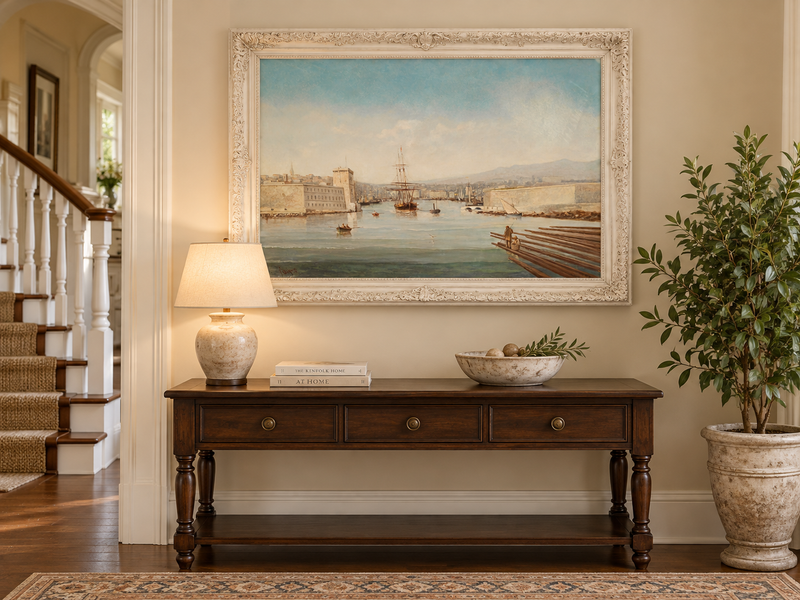Landscape Oil Painting - Historic Harbor Sailing Ships at Dawn