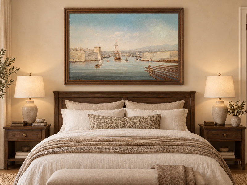 Landscape Oil Painting - Historic Harbor Sailing Ships at Dawn