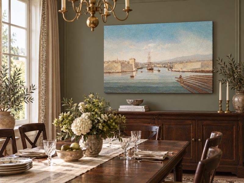 Landscape Oil Painting - Historic Harbor Sailing Ships at Dawn