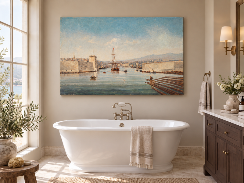 Landscape Oil Painting - Historic Harbor Sailing Ships at Dawn