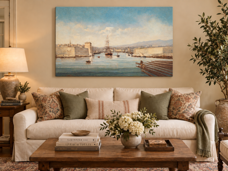 Landscape Oil Painting - Historic Harbor Sailing Ships at Dawn