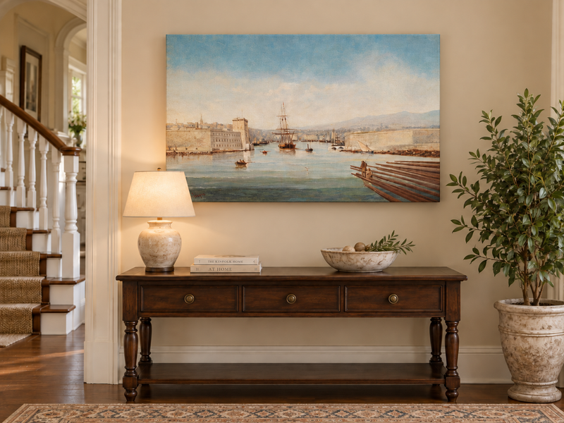 Landscape Oil Painting - Historic Harbor Sailing Ships at Dawn