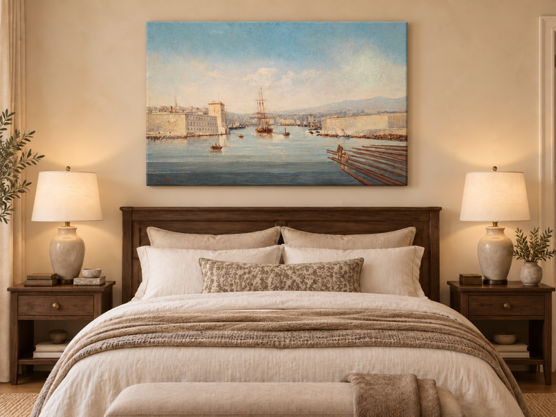 Landscape Oil Painting - Historic Harbor Sailing Ships at Dawn