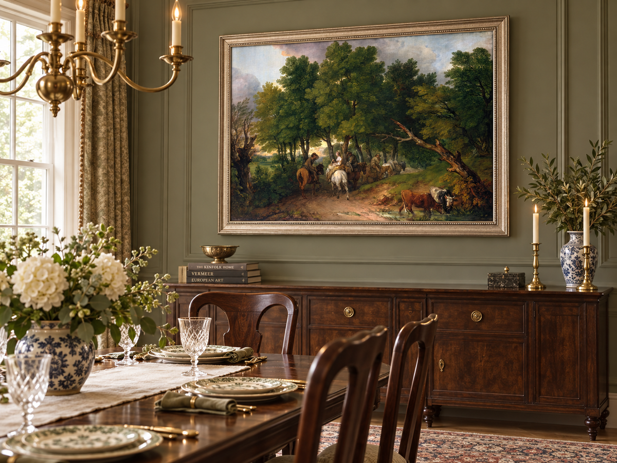 Landscape Oil Painting - Horse Riders on a Woodland Path Cattle