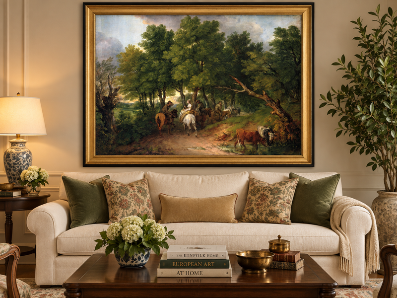 Landscape Oil Painting - Horse Riders on a Woodland Path Cattle