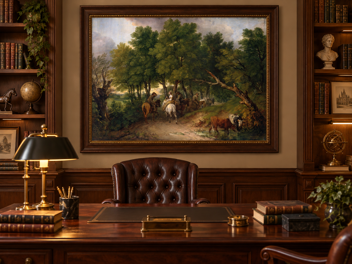 Landscape Oil Painting - Horse Riders on a Woodland Path Cattle