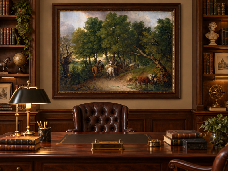 Landscape Oil Painting - Horse Riders on a Woodland Path Cattle