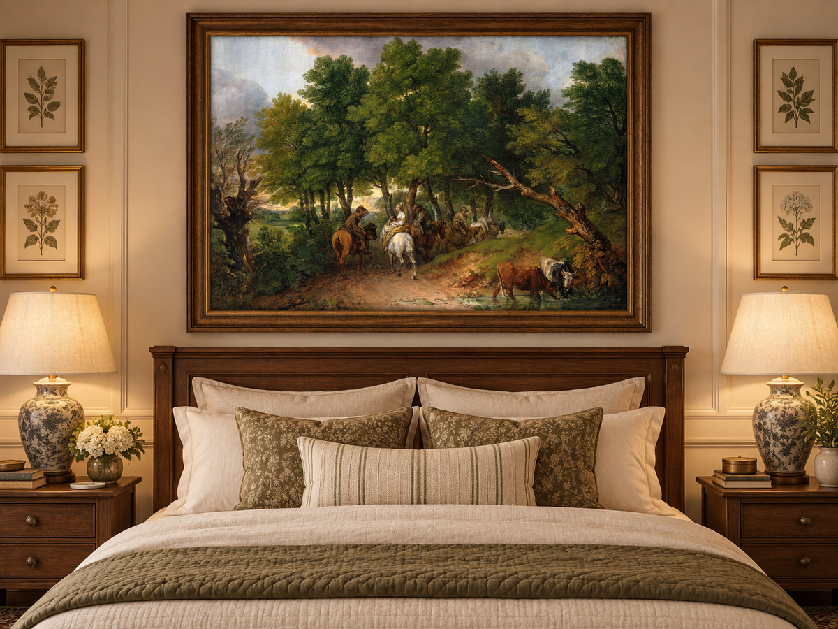 Landscape Oil Painting - Horse Riders on a Woodland Path Cattle