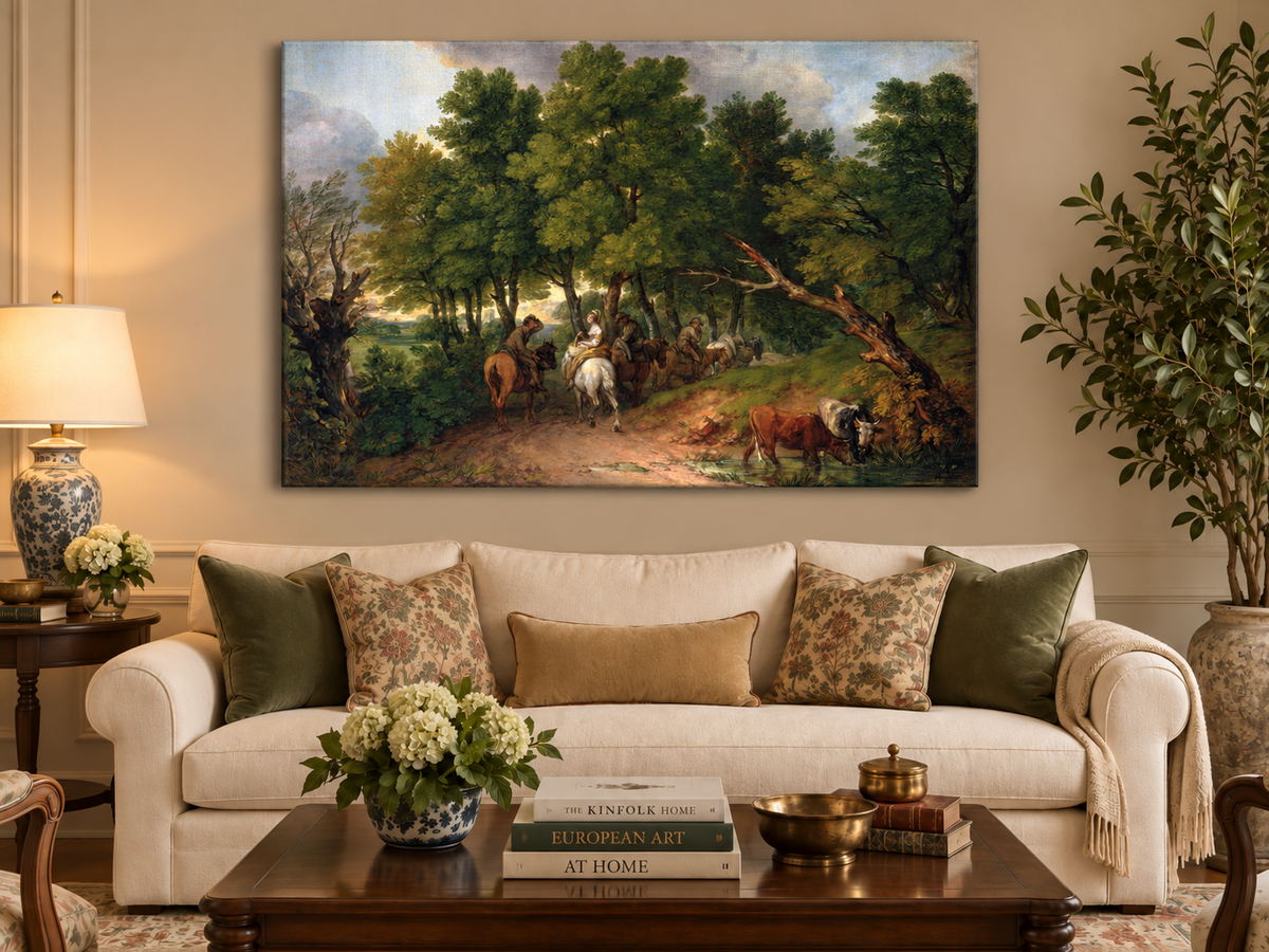 Landscape Oil Painting - Horse Riders on a Woodland Path Cattle
