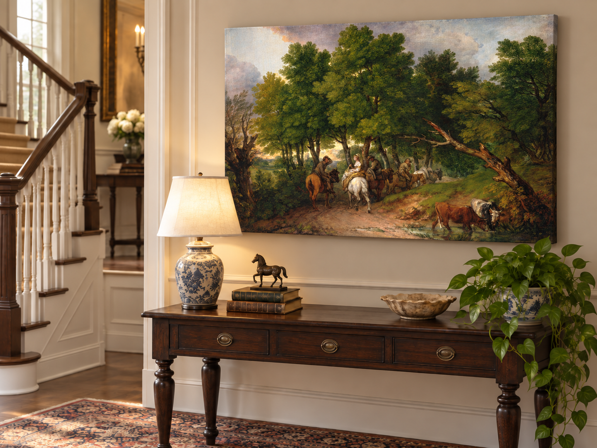 Landscape Oil Painting - Horse Riders on a Woodland Path Cattle