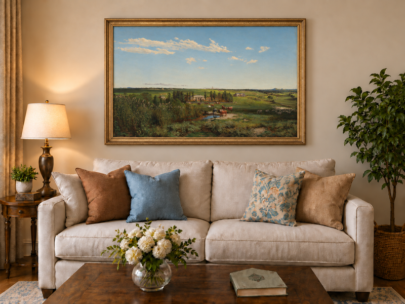 Landscape Oil Painting - Pastoral Farmland Cattle & Open Fields