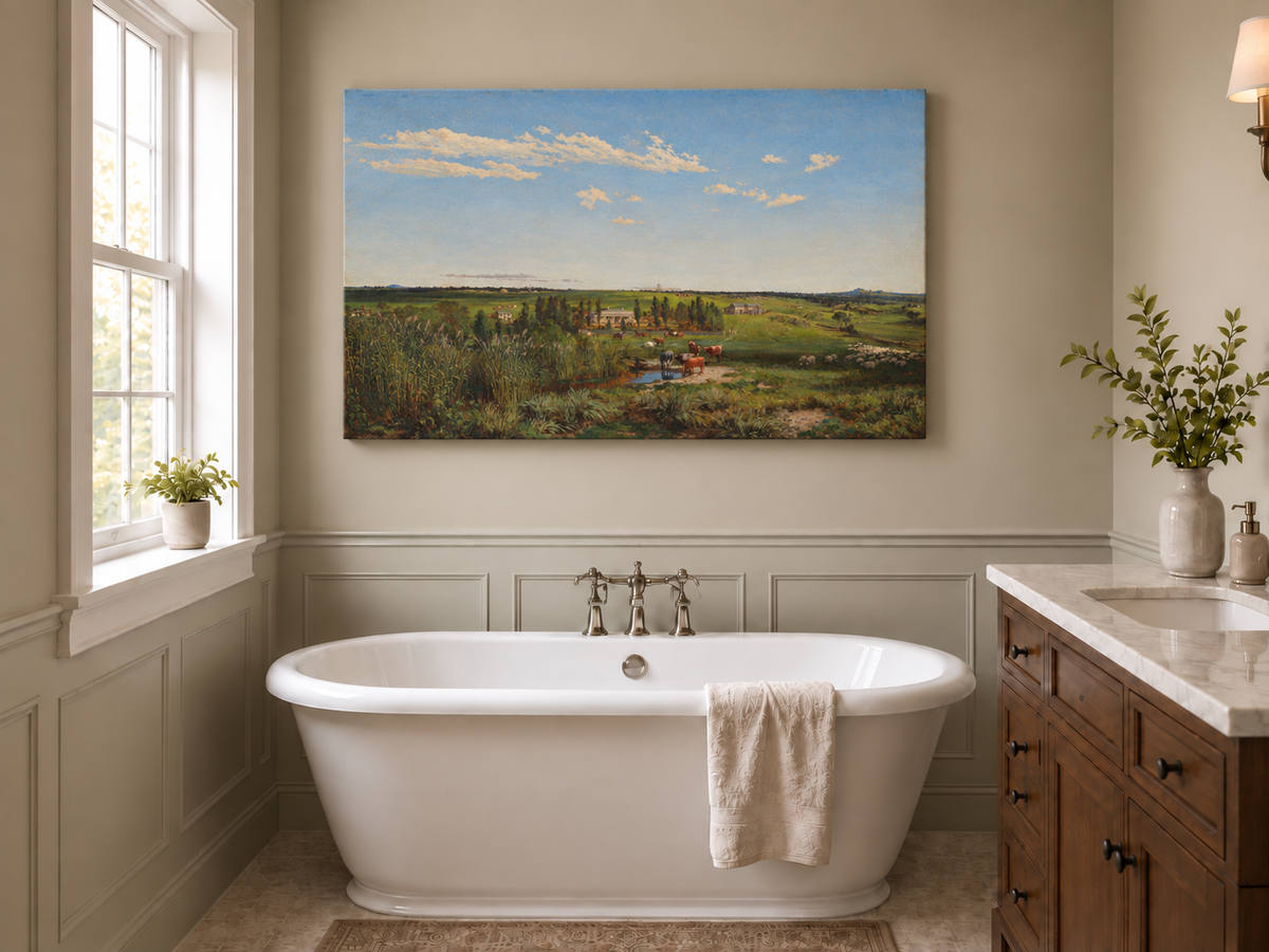 Landscape Oil Painting - Pastoral Farmland Cattle & Open Fields