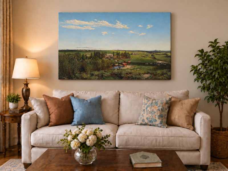 Landscape Oil Painting - Pastoral Farmland Cattle & Open Fields