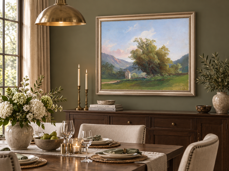 Peinture à l'huile de paysage - Vallée tranquille avec chemin de campagne et arbres