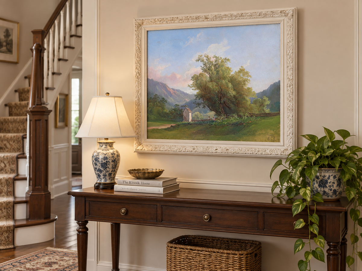 Peinture à l'huile de paysage - Vallée tranquille avec chemin de campagne et arbres
