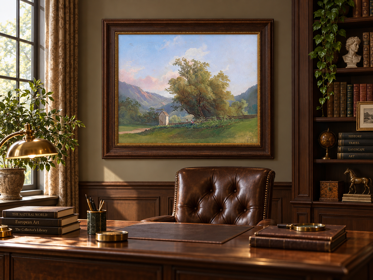 Peinture à l'huile de paysage - Vallée tranquille avec chemin de campagne et arbres