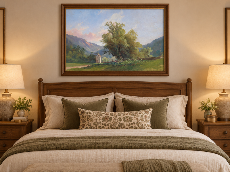 Peinture à l'huile de paysage - Vallée tranquille avec chemin de campagne et arbres