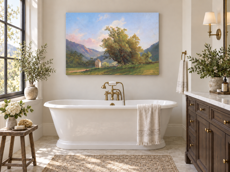 Peinture à l'huile de paysage - Vallée tranquille avec chemin de campagne et arbres