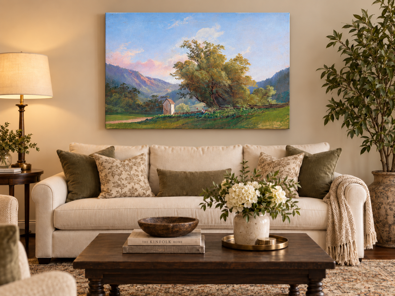 Peinture à l'huile de paysage - Vallée tranquille avec chemin de campagne et arbres