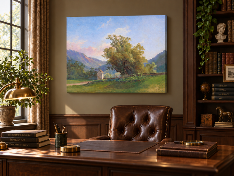 Peinture à l'huile de paysage - Vallée tranquille avec chemin de campagne et arbres