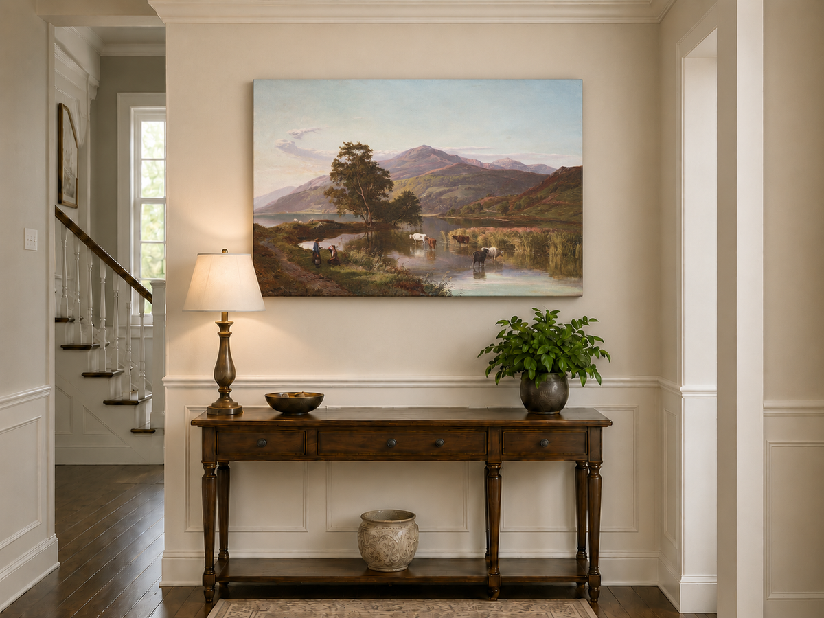 Landscape Oil Painting - Mountain Lake Cattle & Pastoral Life