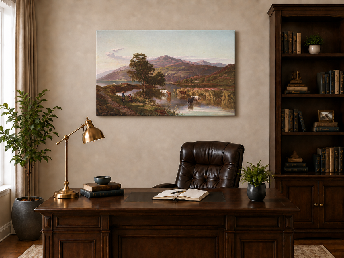 Landscape Oil Painting - Mountain Lake Cattle & Pastoral Life